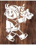 Chłopiec z jesiennymi liśćmi- wycinanka z kartonu