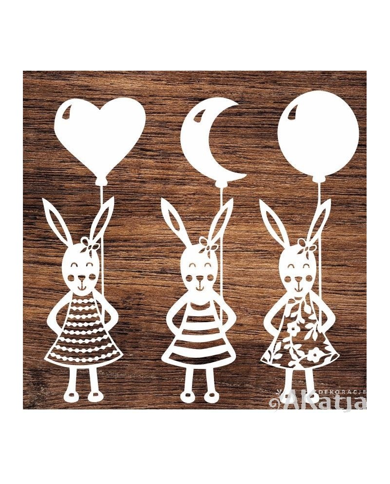 Trzy króliczki z balonami- wycinanka z kartonu