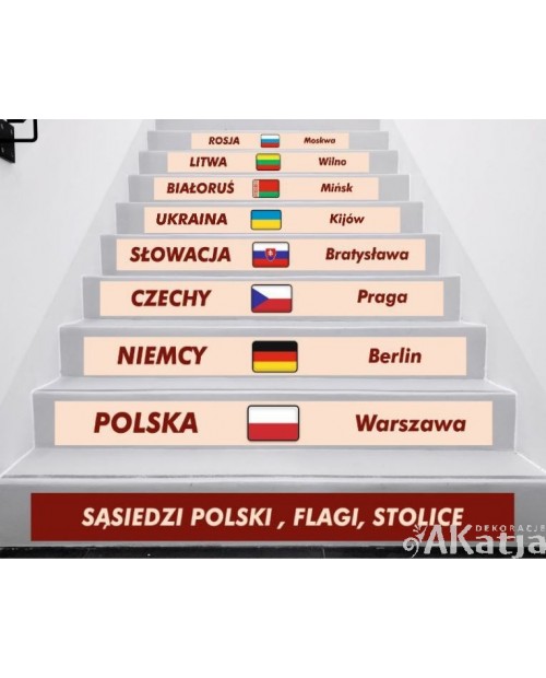 Naklejki na schody: Sąsiedzi Polski, flagi, stolice