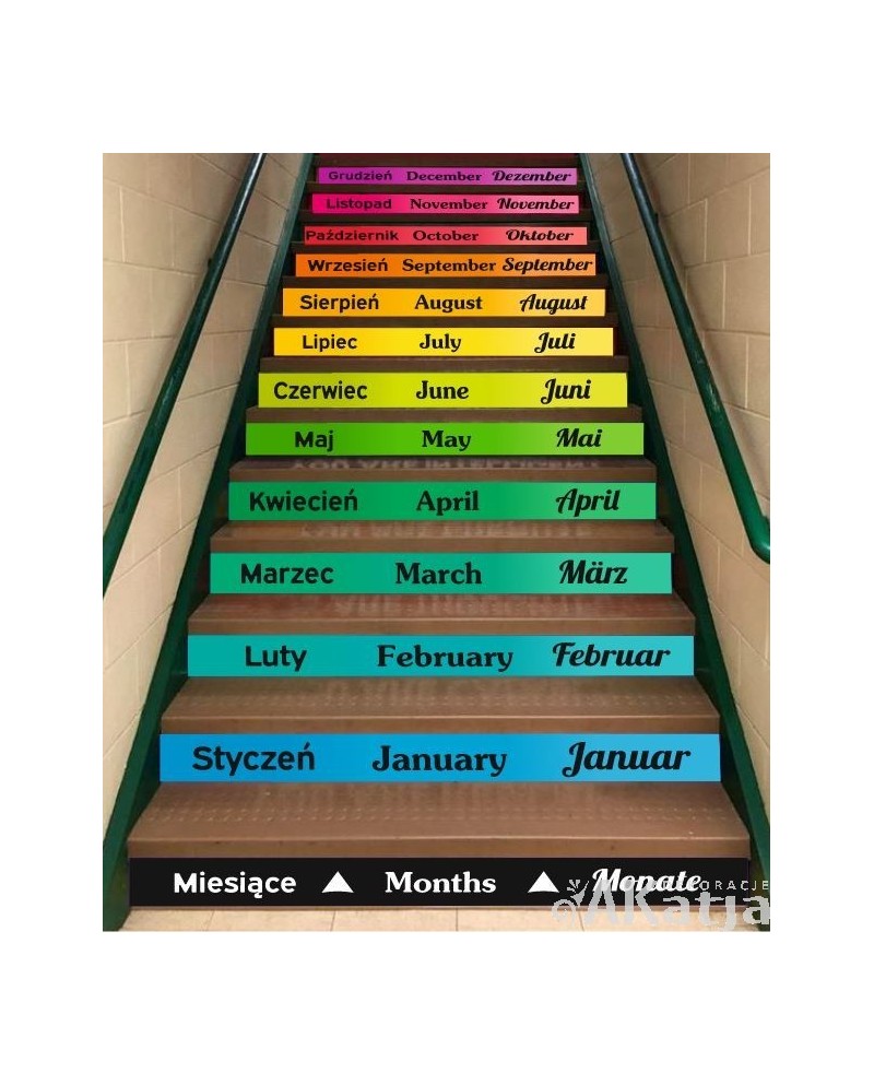 Miesiące w trzech językach - naklejki na schody
