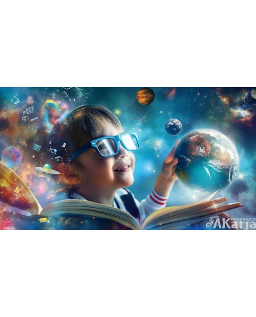 Dziewczynka z ziemią i planetami i książką