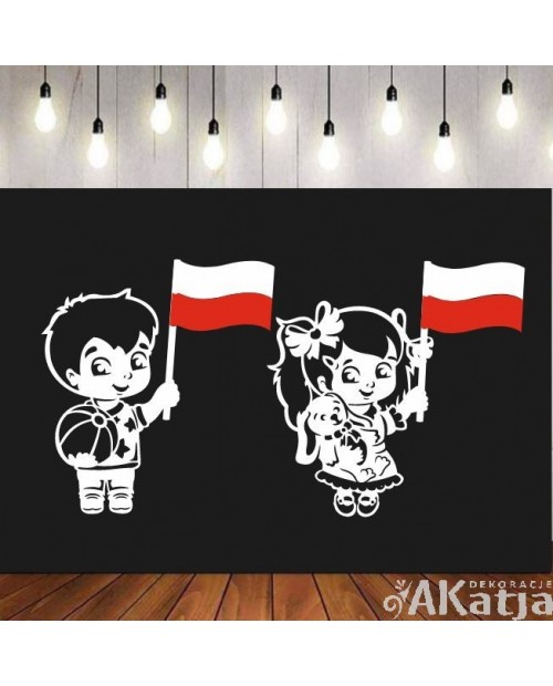 Dzieci z biało-czerwonymi flagami- wycinanka z kartonu