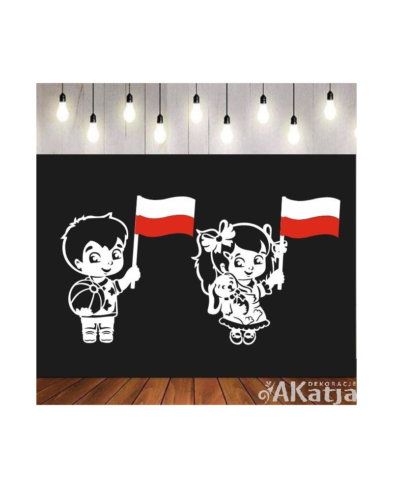 Dzieci z biało-czerwonymi flagami- wycinanka z kartonu