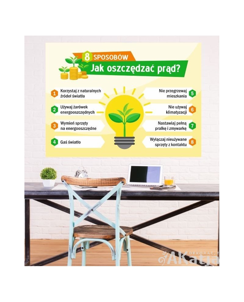 8 sposobów jak oszczędzać prąd- naklejka na ścianę