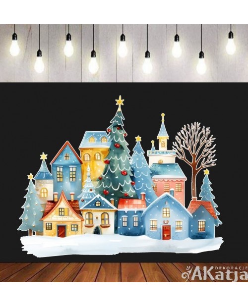 Zimowa wioska świąteczna z domkami i choinką- zestaw dekoracji do gazetek szkolnych