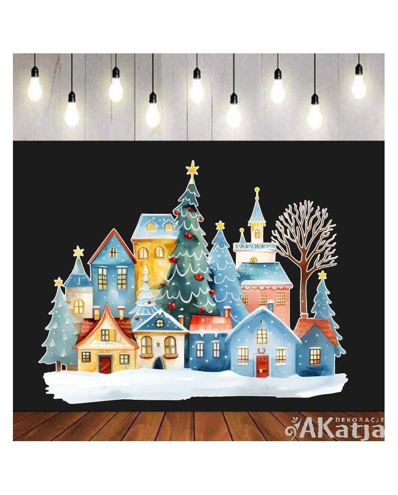 Zimowa wioska świąteczna z domkami i choinką- zestaw dekoracji do gazetek szkolnych