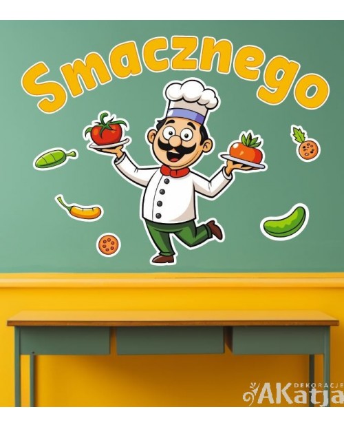 Kucharz i napis smacznego- kolorowa naklejka do stołówki