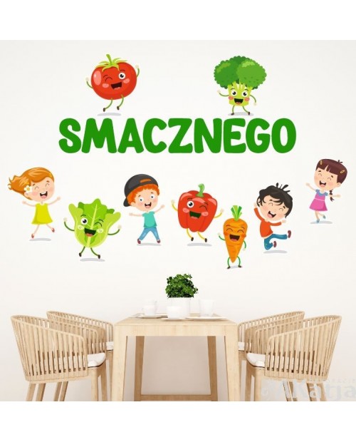 Napis smacznego i kolorowe warzywa- kolorowa naklejka do stołówki