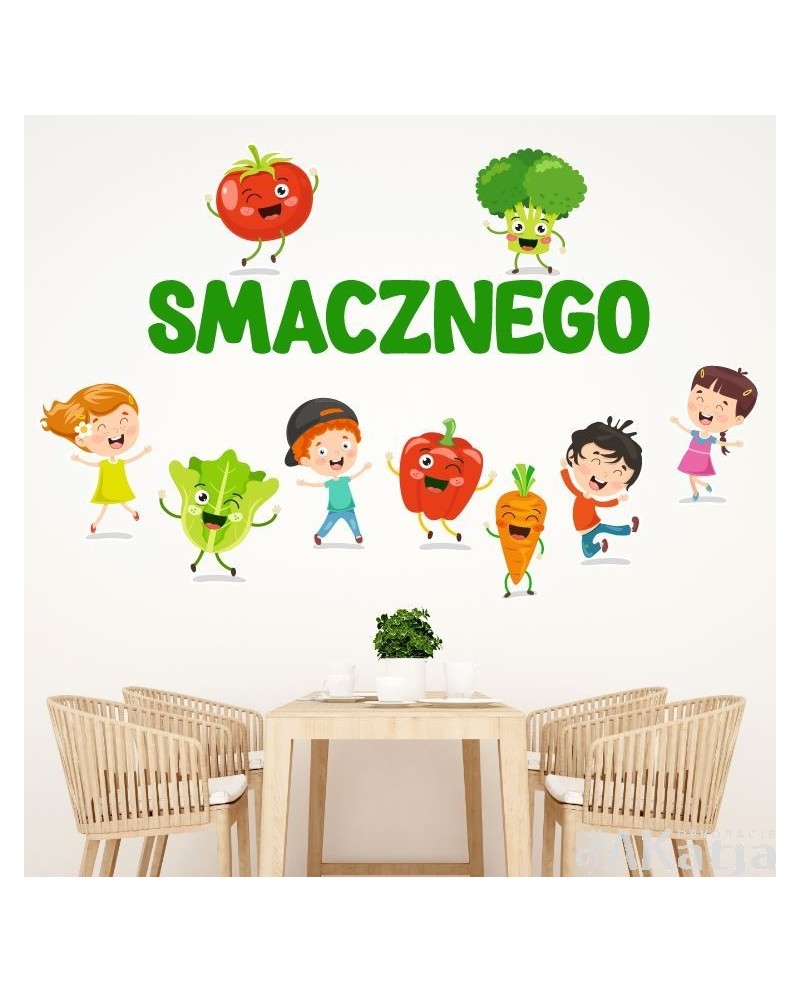 Napis smacznego i kolorowe warzywa- kolorowa naklejka do stołówki