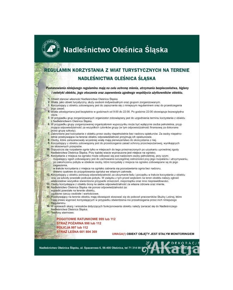 Tabliczka: Regulamin korzystania z wiat turystycznych
