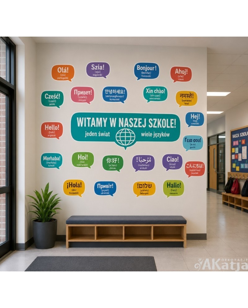 Szkolne powitanie w 22 językach - zestaw naklejek na ścianę
