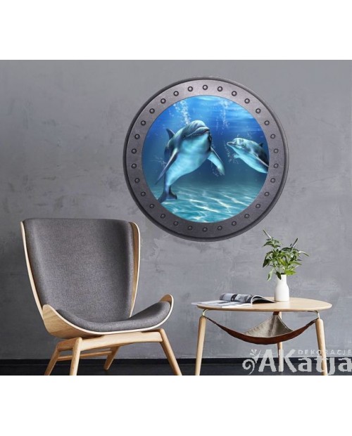 Naklejka okrągłe okno z delfinami